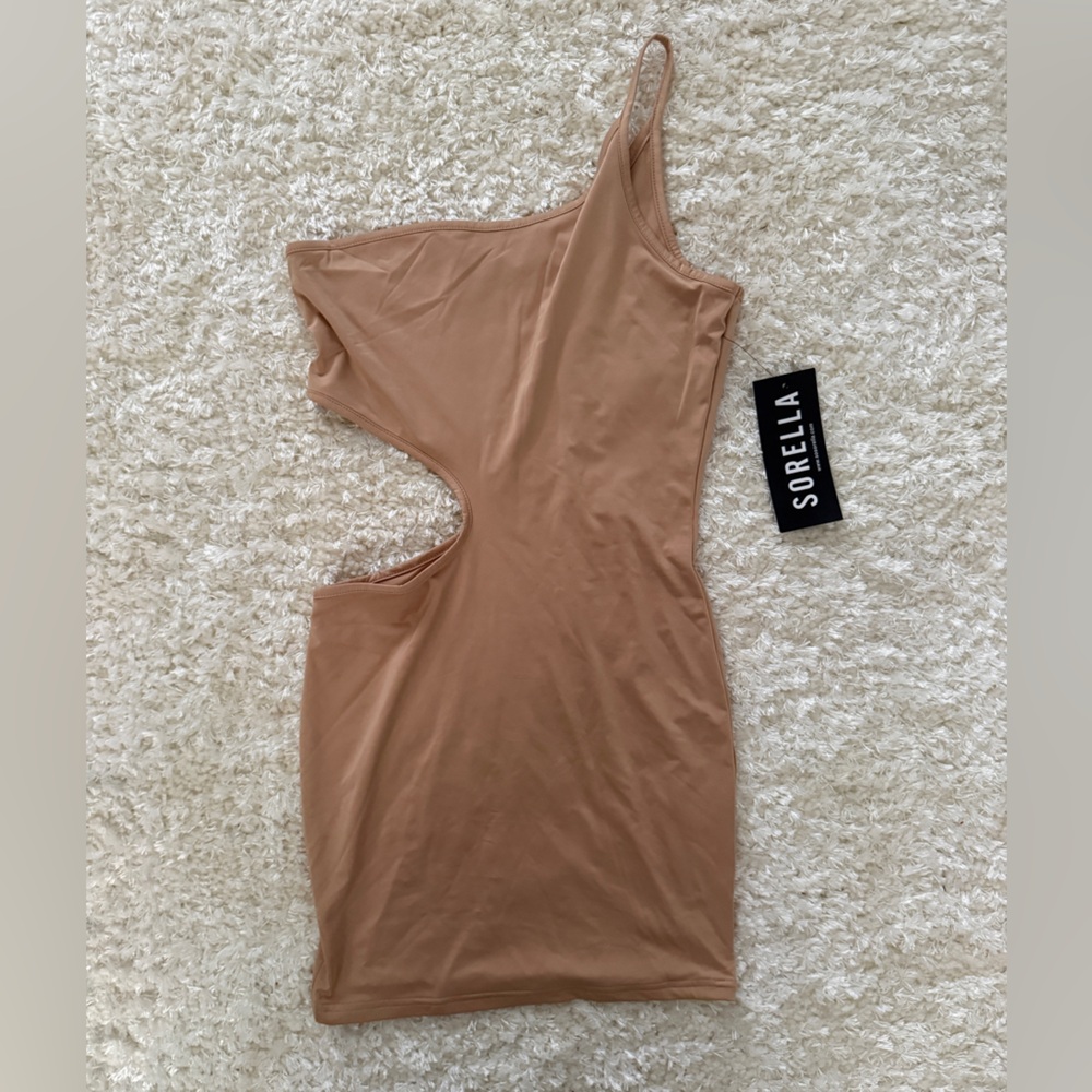 Sorella Tan Asymmetrical Midi Dress